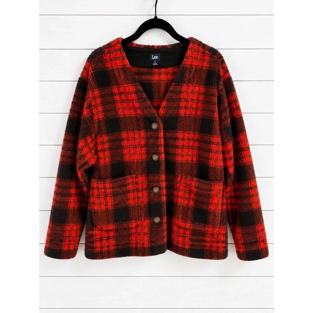 1X Lee Red Black Plaid Sherpa Fleece Jacke